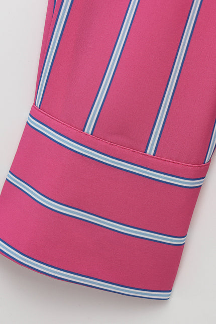 Striped Print pink Color Long Sleeve Turn Down Collar Buttons up Casual Fashion Tops Blouse for Women
