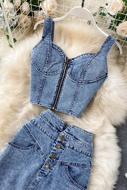 Summer Women'S Suit New Woman Sexy Short Halter Vest High Waist Denim Skirt Set