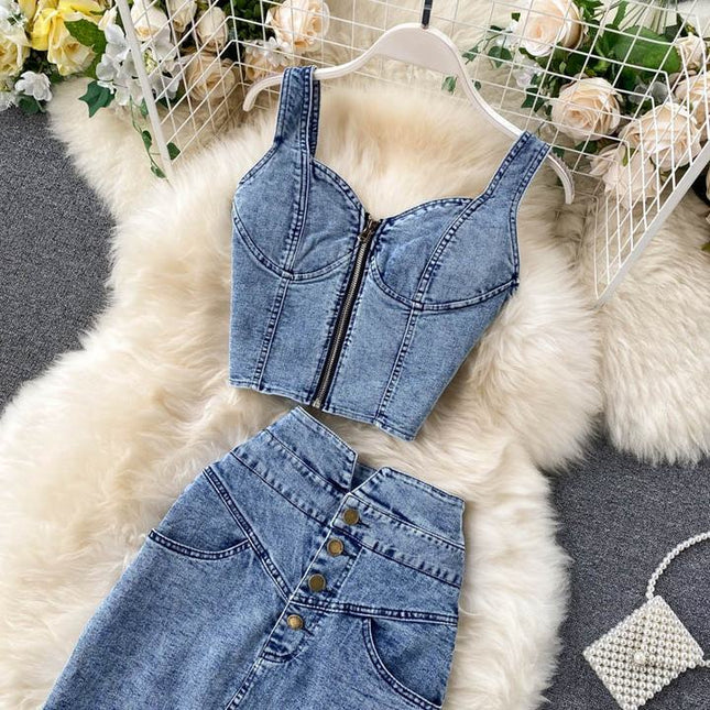 Summer Women'S Suit New Woman Sexy Short Halter Vest High Waist Denim Skirt Set