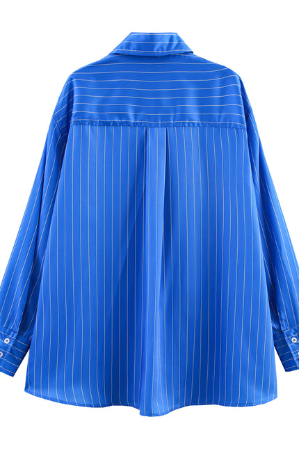 Turn Down Collar Blue Color Striped Print Long Sleeve Buttons up Casual Fashion Tops Blouse for Women