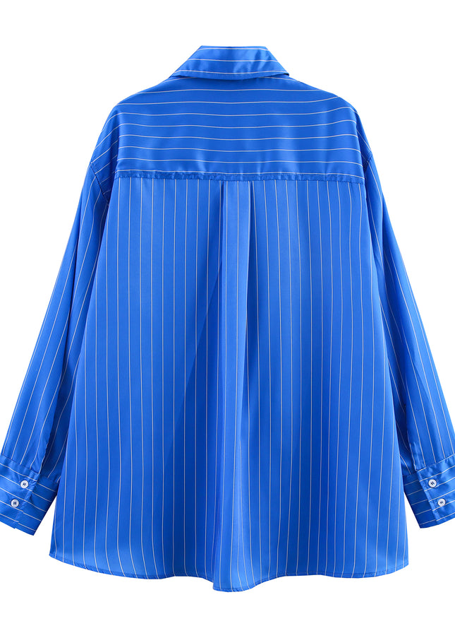 Turn Down Collar Blue Color Striped Print Long Sleeve Buttons up Casual Fashion Tops Blouse for Women