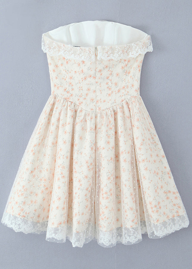 Strapless Floral Print Front Lace up Hot Sale Casual Fashion Summer Mini Dress for Women