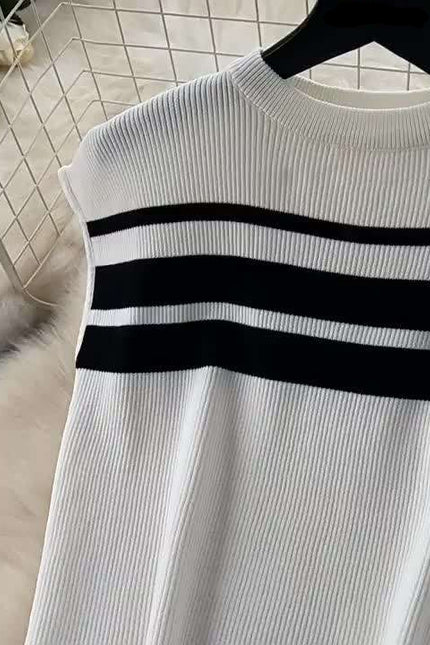 Fashion Suit Women's Summer Fashion Color Contrast Striped Knitted Top High-waisted Casual Wide-leg Pants Two-piece Set