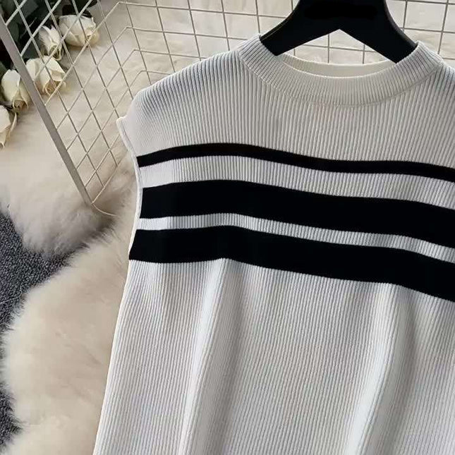 Fashion Suit Women's Summer Fashion Color Contrast Striped Knitted Top High-waisted Casual Wide-leg Pants Two-piece Set