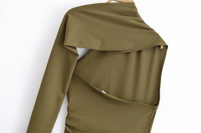 Long Sleeve Hollow Out Green Color Asymmetrical Design Casual Fashion Summer Dress for Women