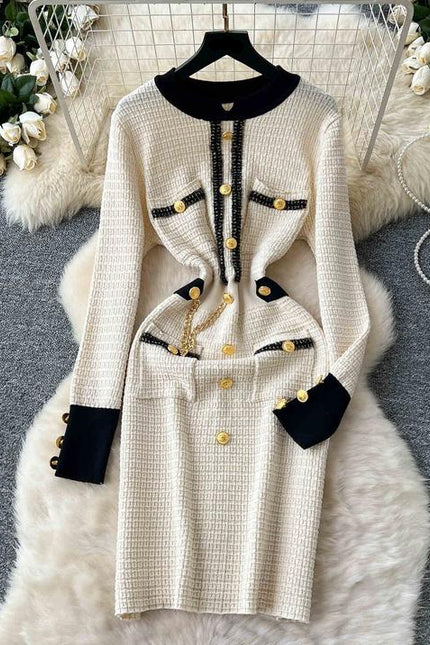 Autumn Winter Knitted Dress Waist Temperament Contrast Color Patchwork Sweater Dress