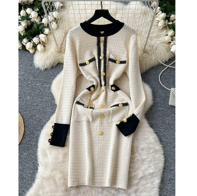 Autumn Winter Knitted Dress Waist Temperament Contrast Color Patchwork Sweater Dress
