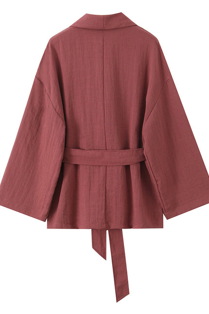Notched Collar Red Color Long Sleeve Sashes Casual Fashion Kimono Jacket for Women
