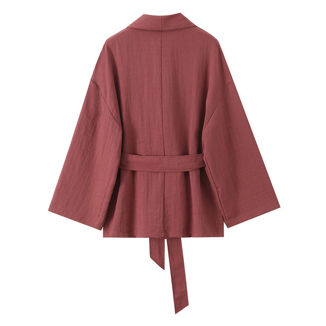 Notched Collar Red Color Long Sleeve Sashes Casual Fashion Kimono Jacket for Women