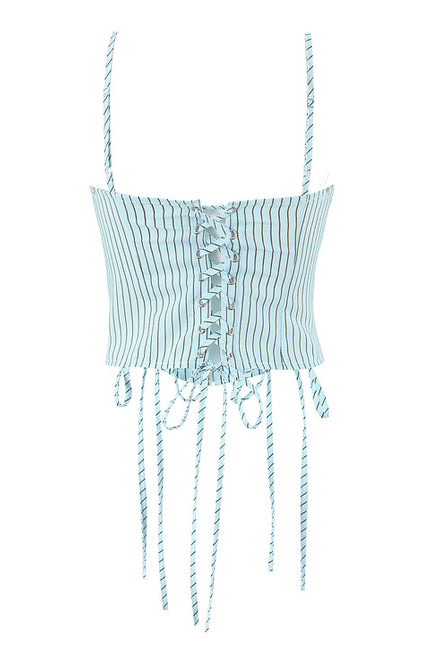 Spaghetti Strap Striped Print Front Lace up Hot Sale Casual Fashion Women's Crop tank Tops
