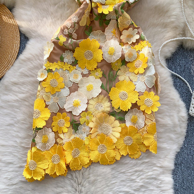 Summer New Bustier Evening Dress Women Waisted Ruffled Sleeveless Waist Cinching Slimming Flower Embroidery Sexy Dresses