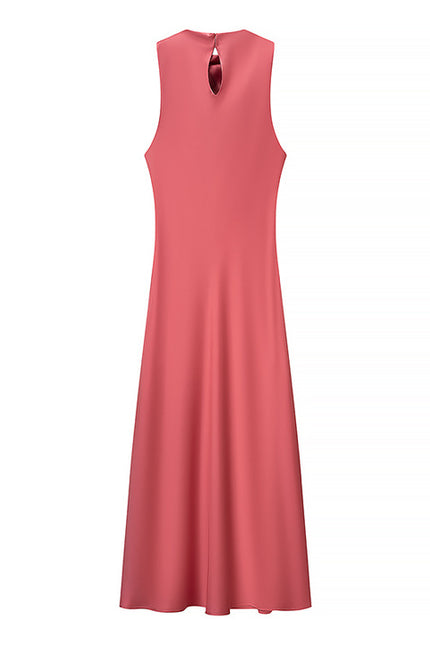 Red Color Sleeveless Crew Neck Hot Sale Casual Fashion Satin Long Dress for Women