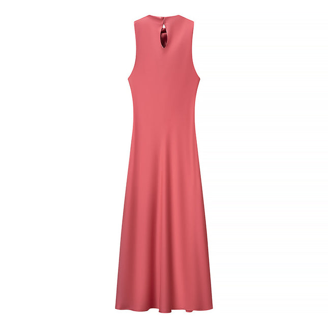 Red Color Sleeveless Crew Neck Hot Sale Casual Fashion Satin Long Dress for Women