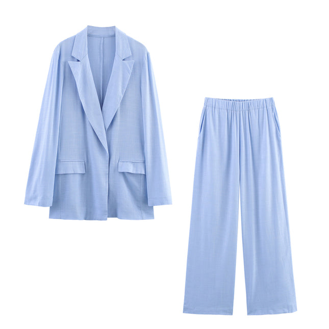 Notched Collar Long Sleeve Blue Color Single Button Casual Fashion blazer Jacket for Women