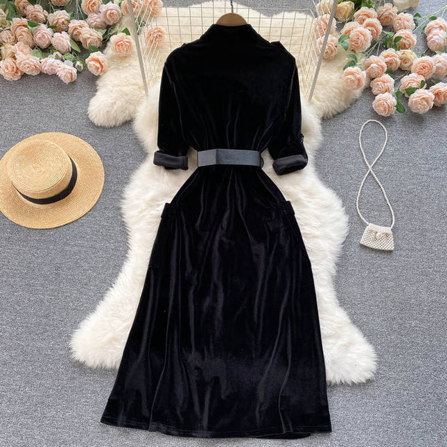 Autumn and Winter New Thickened Velvet Professional Dress A-line Slim Knee Length French Dress