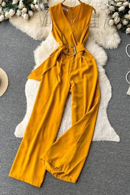 V-neck Solid Casual Long Jumpsuits Autumn Jump Suits Ladies Elegant Overalls One Piece Wholesale