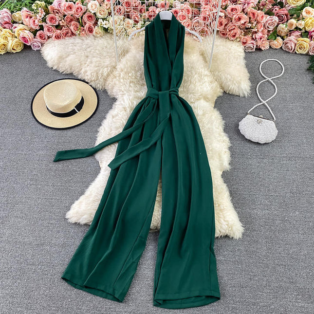Summer Fashion V-Neck Sleeveless Hanging Neck Jumpsuit