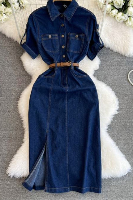 Retro Denim Dress for Women 2024 Summer New Collection Belt Slimming Short Sleeved Shirt Dress
