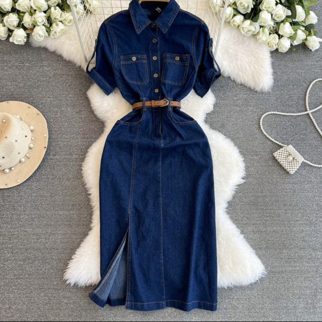 Retro Denim Dress for Women 2024 Summer New Collection Belt Slimming Short Sleeved Shirt Dress