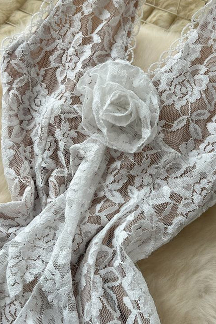 Halter Deep V High Slit Lace Women Lady Elegant Backless Sleeveless Flower Sexy Dress