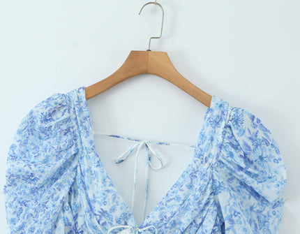 Blue White Color Floral Print v Neck Short Sleeve Casual Fashion Mini Dress for Women