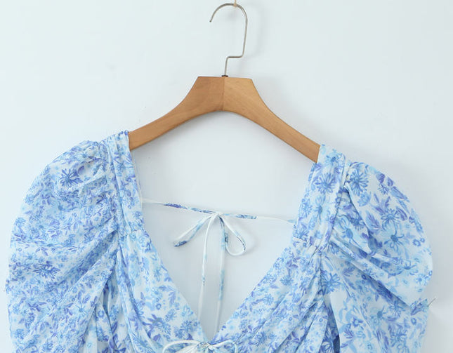 Blue White Color Floral Print v Neck Short Sleeve Casual Fashion Mini Dress for Women