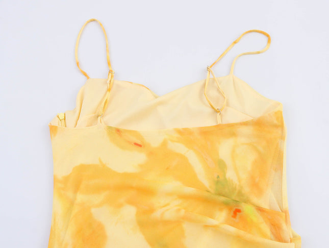 Spaghetti Strap Yellow Color Floral Print Casual Fashion Long slip Dress for Women