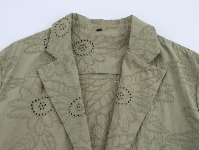 Embroidery Green Color Three Quarter Sleeve Single Buttons Notched Collar Casual Fashion blazer Jacket for Women