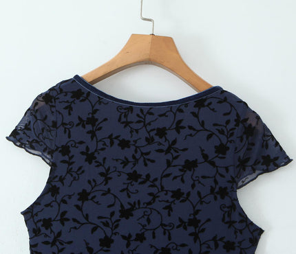 V Neck Short Sleeve Blue Color Floral Pattern Casual Fashion Midi Dress for Ladies