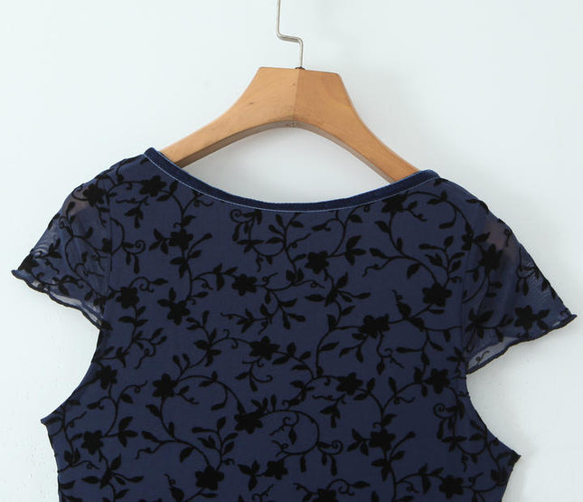 V Neck Short Sleeve Blue Color Floral Pattern Casual Fashion Midi Dress for Ladies