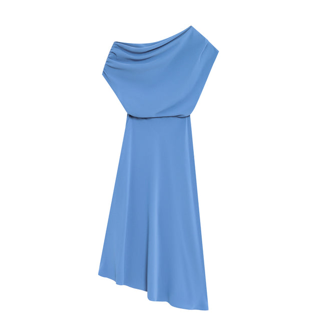 Asymmetrical Design Blue Color Sleeveless Casual Fashion Summer Long Dress for Women