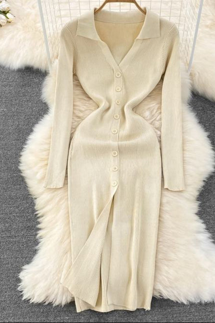 Spring and Autumn V-neck Women's Long Sleeve Knit Split Tight Dresses