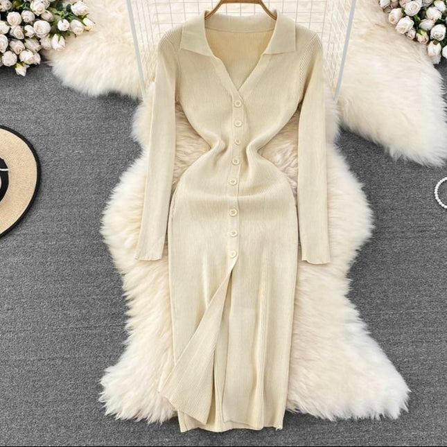 Spring and Autumn V-neck Women's Long Sleeve Knit Split Tight Dresses