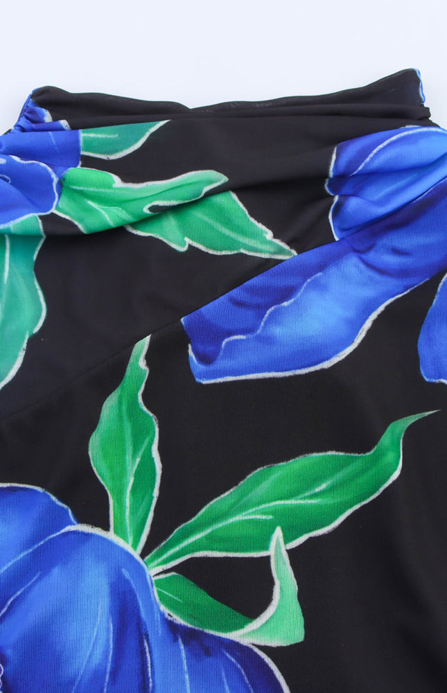 Floral Print Black Blue Color Back Hollow Out Sleeveless Summer Long Halter Dress for Women
