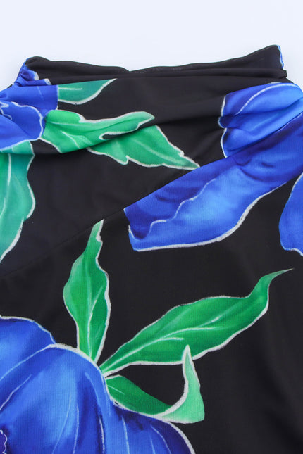 Floral Print Black Blue Color Back Hollow Out Sleeveless Summer Long Halter Dress for Women
