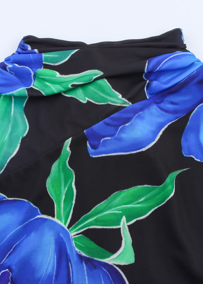 Floral Print Black Blue Color Back Hollow Out Sleeveless Summer Long Halter Dress for Women