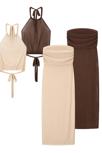 2 Colorway Back Hollow Out Halter tank Top Solid Color Long Skirt Casual Fashion Women 2 Piece Set