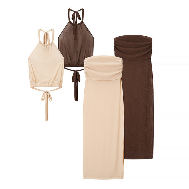 2 Colorway Back Hollow Out Halter tank Top Solid Color Long Skirt Casual Fashion Women 2 Piece Set
