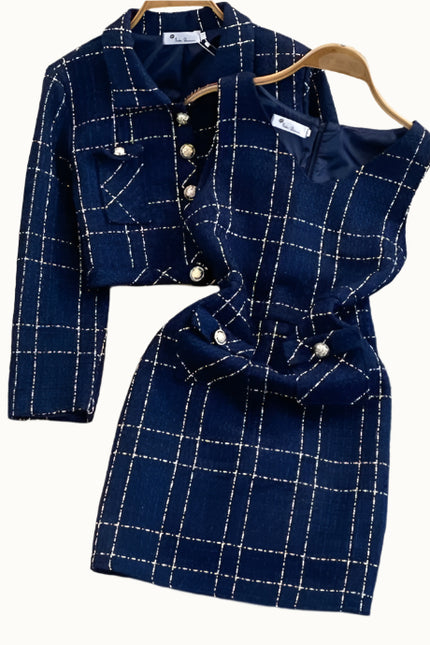 Autumn and Winter Temperament Long Sleeved Tweed Jacket With Waistband Vest and Buttocks Wrapped Dress Two Piece Set