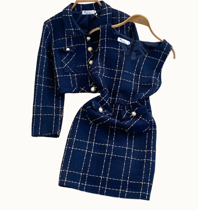 Autumn and Winter Temperament Long Sleeved Tweed Jacket With Waistband Vest and Buttocks Wrapped Dress Two Piece Set