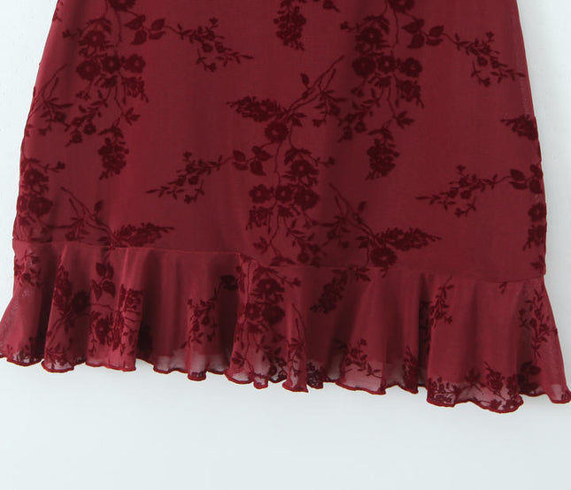 Spaghetti Strap Burgundy Color Floral Pattern Casual Fashion Mini slip Dress for Women