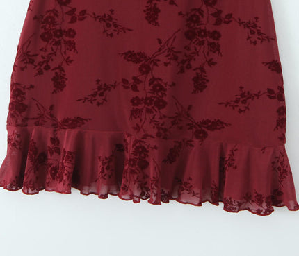 Spaghetti Strap Burgundy Color Floral Pattern Casual Fashion Mini slip Dress for Women