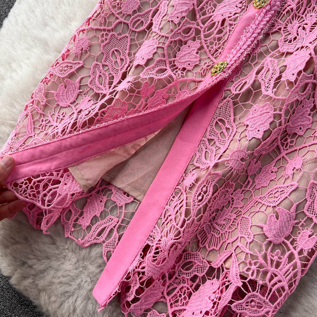 2025 Spring Summer Dress High Quality Women Allover Crochet Lace Embroidery Beading Button Bodycon Dress