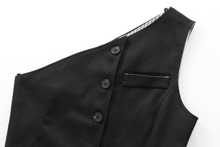 Black Color Buttons up Asymmetrical Design Casual Fashion tank Top for Women