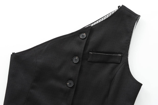 Black Color Buttons up Asymmetrical Design Casual Fashion tank Top for Women