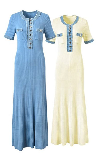 French Fashion Summer Models Denim Splicing Collision Color Knitted Dress Slim Long Dresses for Women