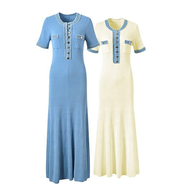 French Fashion Summer Models Denim Splicing Collision Color Knitted Dress Slim Long Dresses for Women