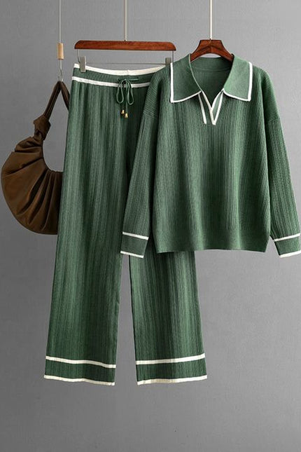 Women Two Piece Set Fashion Casual Loose Suit Polo Neck Tops+high Waist Pant Set
