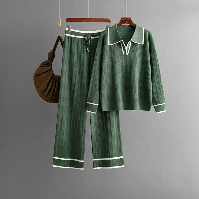 Women Two Piece Set Fashion Casual Loose Suit Polo Neck Tops+high Waist Pant Set