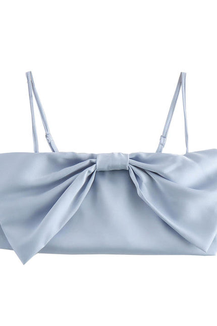 Front Bow Tie Spaghetti Strap Crop tank Top Solid Color Long Pants Women Casual 2 Piece Set